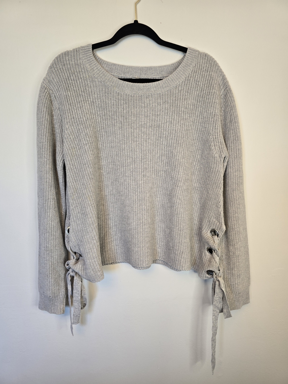 Mona B Light Gray Lace-Up Side Knit Sweater